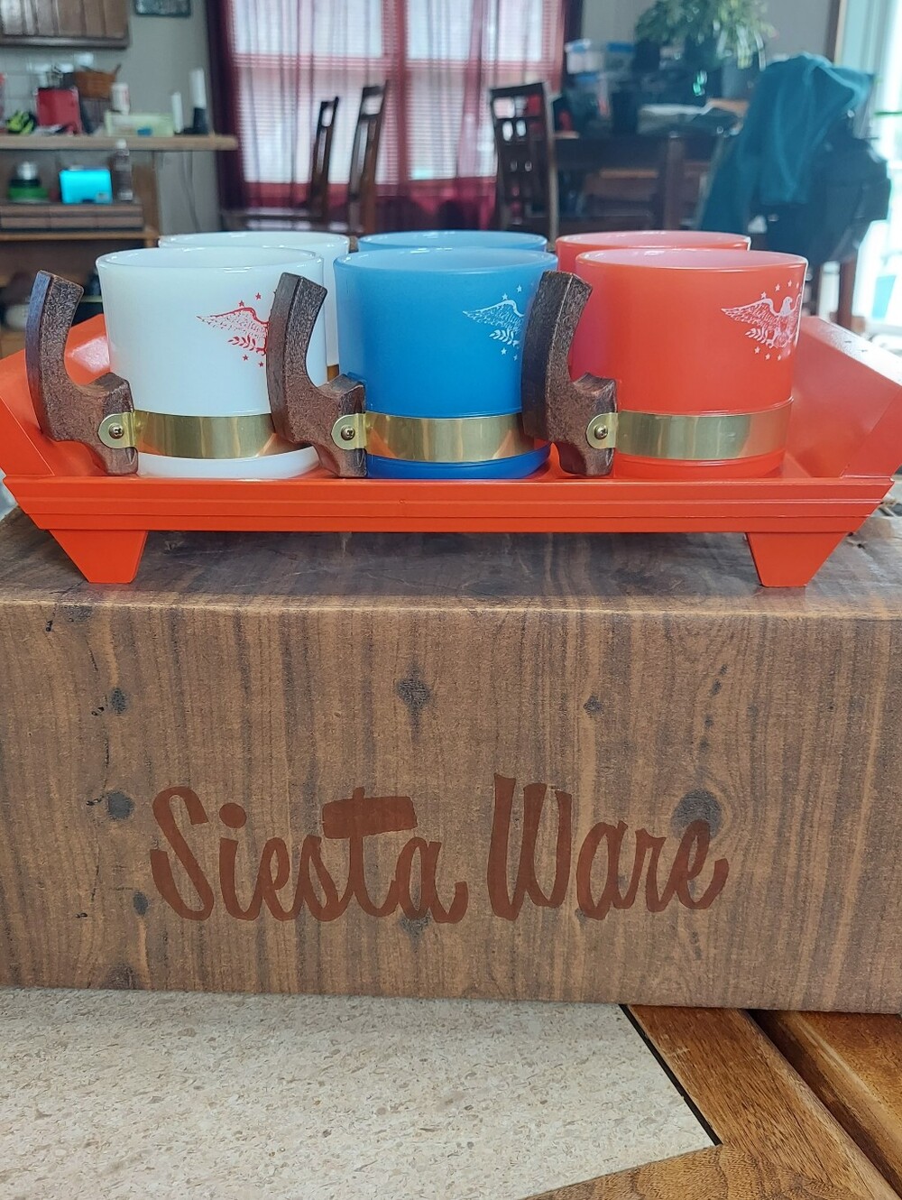 Siesta Ware Vintage 3-Color Mugs with Tray - Red White & Blue Americana Eagle